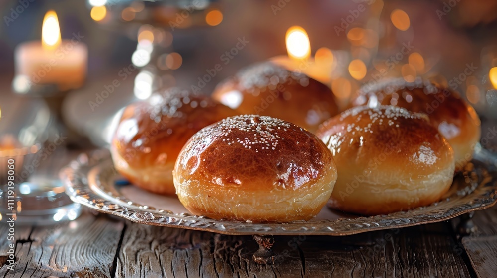 Freshly Baked Challah Rolls, Glowing Candles Warmth of Hanukkah Celebration on Rustic Table Freshly Baked Challah Rolls, Glowing Candles Warmth of Hanukkah Celebration on Rustic Table