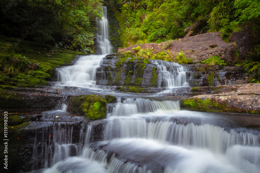 The McLean Falls is located on the Tautuku River in Catlins Conservation Park and have a two-tiered falls that cascades down 22 meters amidst the lush rainforest of Otago New Zealand's South island. The McLean Falls is located on the Tautuku River in Catlins Conservation Park and have a two-tiered falls that cascades down 22 meters amidst the lush rainforest of Otago New Zealand's South island.