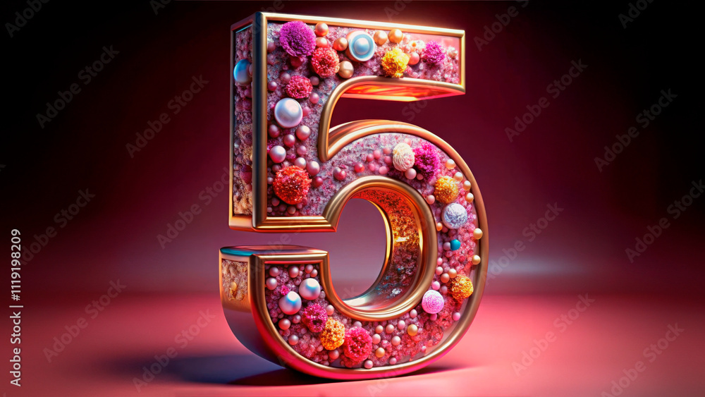 Golden number five adorned with vibrant flowers, pearls, and sparkling accents on a red gradient background. Represents creativity, celebrations, and decorative charm. Perfect for events, holiday desi Golden number five adorned with vibrant flowers, pearls, and sparkling accents on a red gradient background. Represents creativity, celebrations, and decorative charm. Perfect for events, holiday desi