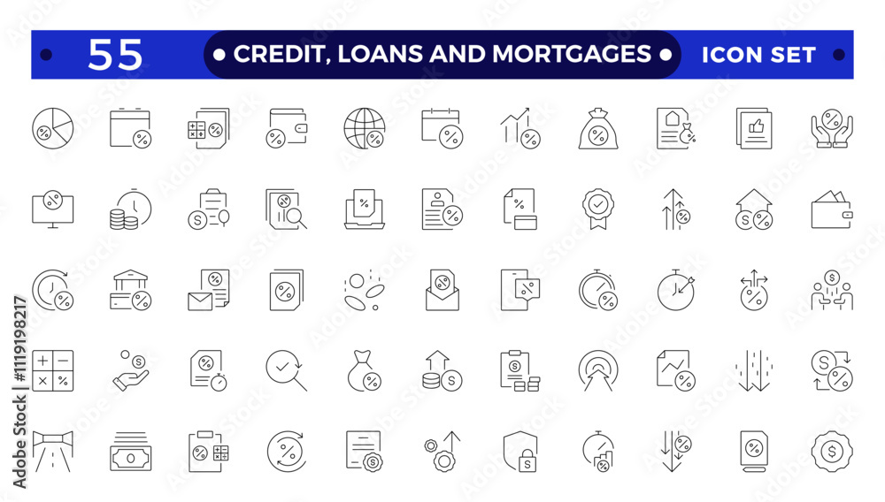 Credit, Loans and Mortgages web icons in outline style. Credit card, deposit, car leasing, rate interest, calculator, income, rating, collection. Containing bank, advisor, money, insurance, icon. Credit, Loans and Mortgages web icons in outline style. Credit card, deposit, car leasing, rate interest, calculator, income, rating, collection. Containing bank, advisor, money, insurance, icon.