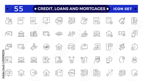 Credit, Loans and Mortgages web icons in outline style. Credit card, deposit, car leasing, rate interest, calculator, income, rating, collection. Containing bank, advisor, money, insurance, icon.