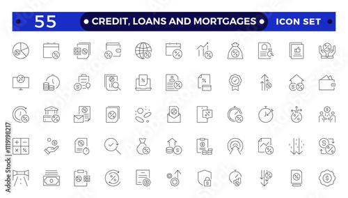 Credit, Loans and Mortgages web icons in outline style. Credit card, deposit, car leasing, rate interest, calculator, income, rating, collection. Containing bank, advisor, money, insurance, icon.