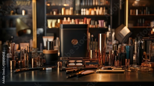 Makeup artist's table filled with high-quality tools and beauty products photo