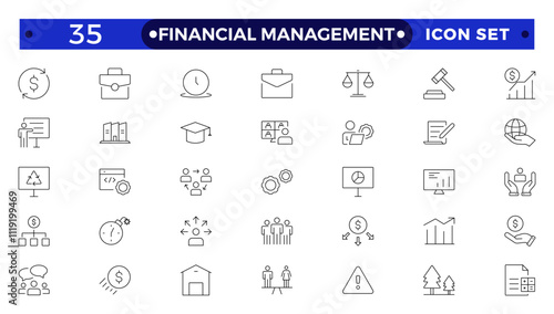 Financial Management outline icon set. Containing investor, mutual fund, asset, risk management, economy, financial gain, interest, Investment, Profit, Investor, Risk, Inflation and stock icons.