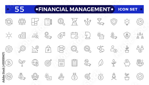 Financial Management outline icon set. Containing investor, mutual fund, asset, risk management, economy, financial gain, interest, Investment, Profit, Investor, Risk, Inflation and stock icons.