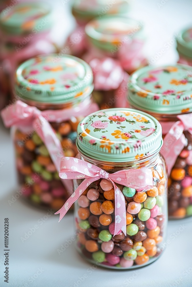 Candy jars filled with pastel sweets, adorned with floral ribbons: Decorative jars for Valentine's Day, Candy jars filled with pastel sweets, adorned with floral ribbons: Decorative jars for Valentine's Day,