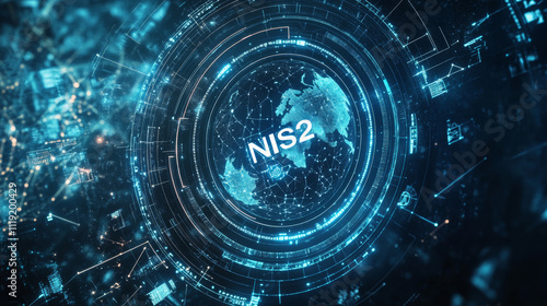 Europe map background, stars forming a cyrcle and inside NIS2, technology theme