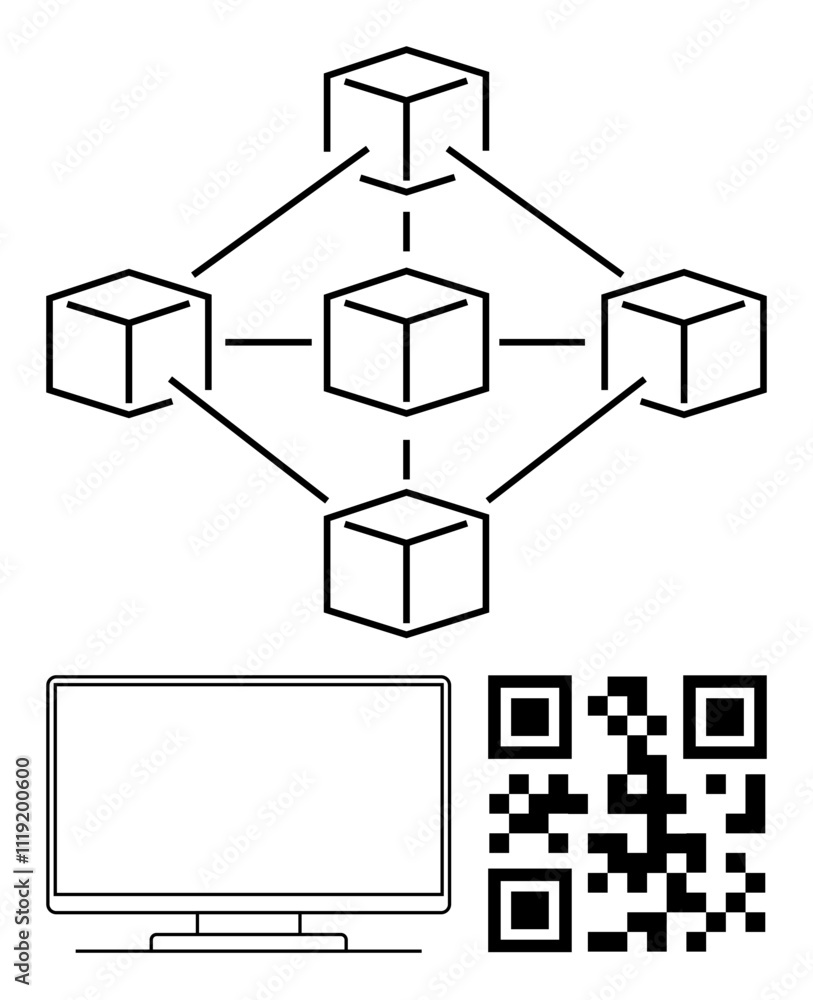 Networked cubes connected in a decentralized manner, QR code below, and computer monitor. Ideal for blockchain, digital security, technology, networking, data sharing computing innovation. Line Networked cubes connected in a decentralized manner, QR code below, and computer monitor. Ideal for blockchain, digital security, technology, networking, data sharing computing innovation. Line