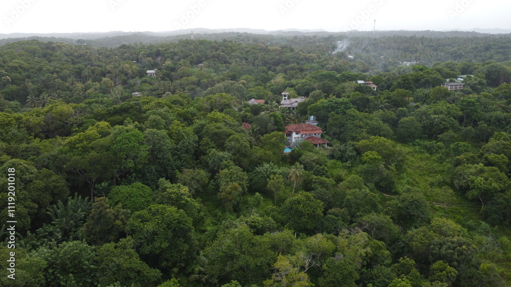 Obraz premium Dron Shot of Jungle, Ocean and Pool