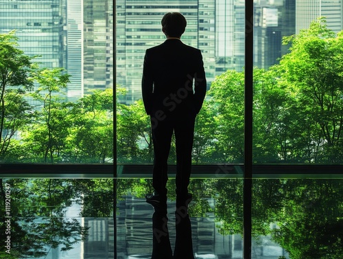 A finance leader promoting sustainable pension funds, concept of future-proof investments, focus on, financial wellness center, ethereal, Silhouette, forested cityscape photo