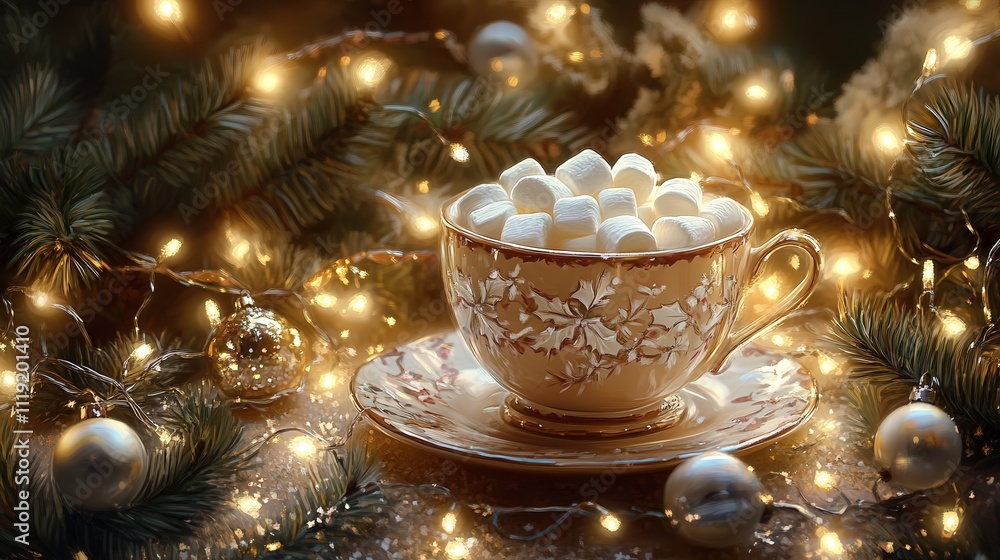 A Christmas morning delight, a cocoa cup filled with marshmallows sits on the table, framed by tinsel and tiny fairy lights A Christmas morning delight, a cocoa cup filled with marshmallows sits on the table, framed by tinsel and tiny fairy lights