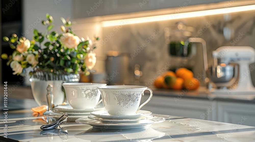 a plates and cups stand in a elegant kitchen, with a sophisticated design and a stunning sophisticated background a plates and cups stand in a elegant kitchen, with a sophisticated design and a stunning sophisticated background