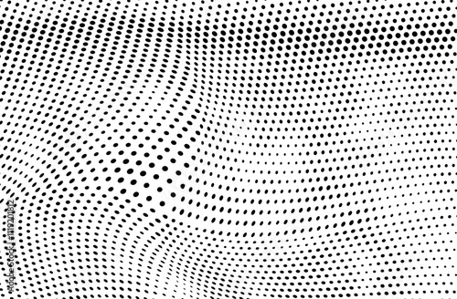 Abstract halftone wave dotted background. Halftone grunge pattern with square. Vector halftone modern pop art twisted texture for poster, cover, business card, postcard, art label layout, sticker.