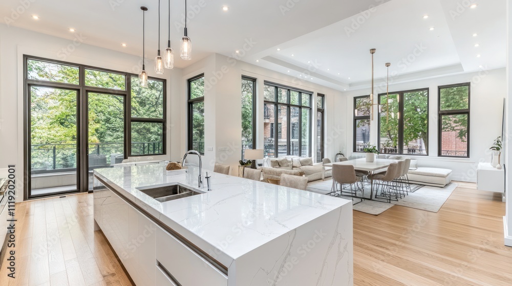 Modern open-concept living space with large windows and elegant furnishings. Modern open-concept living space with large windows and elegant furnishings.