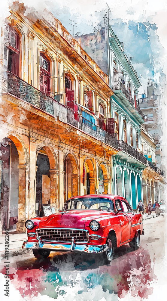 Obraz premium Havana city in watercolor style. with typical Cuban vehicle