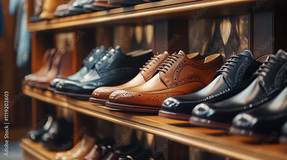 Men's leather shoes displayed on wooden shelves in a retail store. Men's leather shoes displayed on wooden shelves in a retail store.