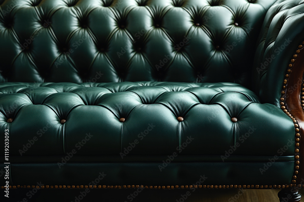 Obraz premium Close-up of a luxurious green leather chesterfield sofa.