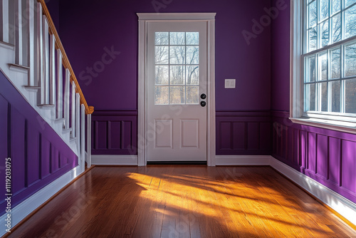 Empty purple room with hardwood floor, white door, and window.