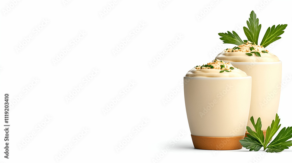 Creamy dessert cups topped with herbs, offering a fresh and delightful presentation, perfect for a gourmet treat. Creamy dessert cups topped with herbs, offering a fresh and delightful presentation, perfect for a gourmet treat.