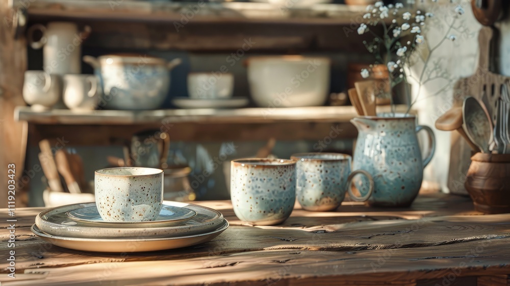 a plates and cups stand in a rustic kitchen, with a country design and a gorgeous natural background a plates and cups stand in a rustic kitchen, with a country design and a gorgeous natural background
