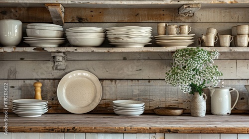 a plates and cups stand in a rustic kitchen, with a country design and a gorgeous natural background