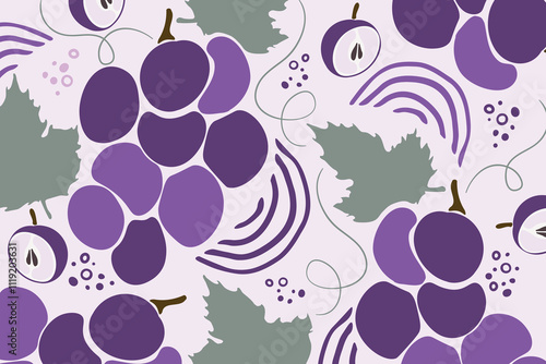 Bunch of grapes with leaf pattern. Simple grape in flat design. Vector illustration. Flat color cartoon style vector design