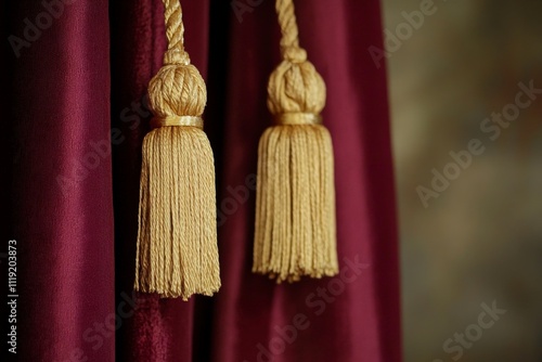 Wallpaper Mural Luxurious burgundy curtains with golden tassels elegantly draped indoors in soft natural light Torontodigital.ca