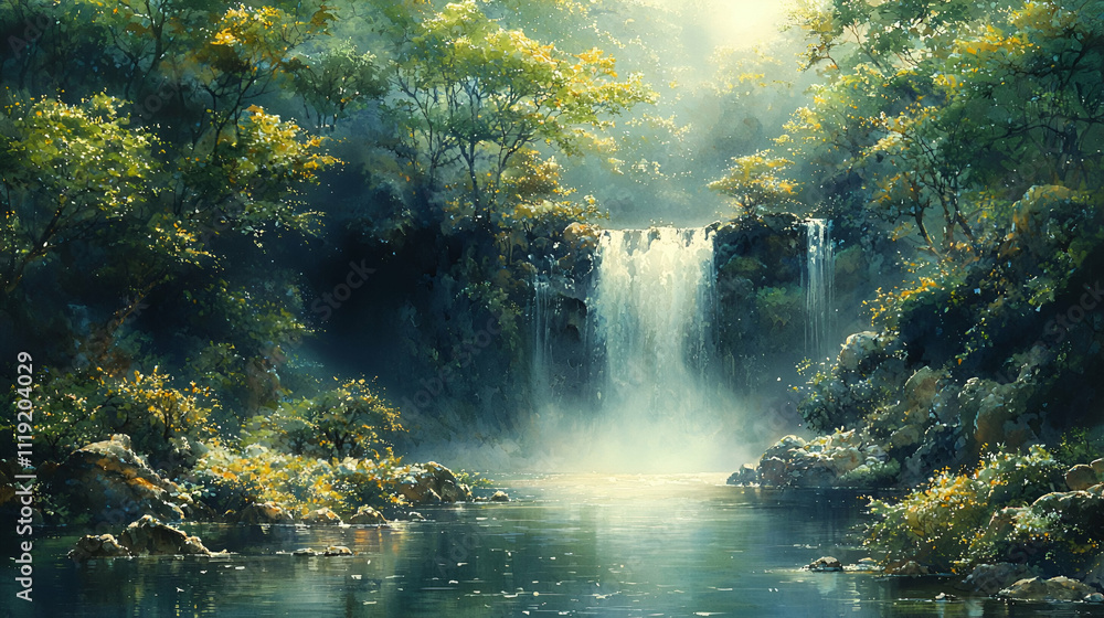 A serene landscape featuring a tranquil waterfall surrounded by lush greenery and misty ambiance, capturing the essence of nature's beauty. A serene landscape featuring a tranquil waterfall surrounded by lush greenery and misty ambiance, capturing the essence of nature's beauty.