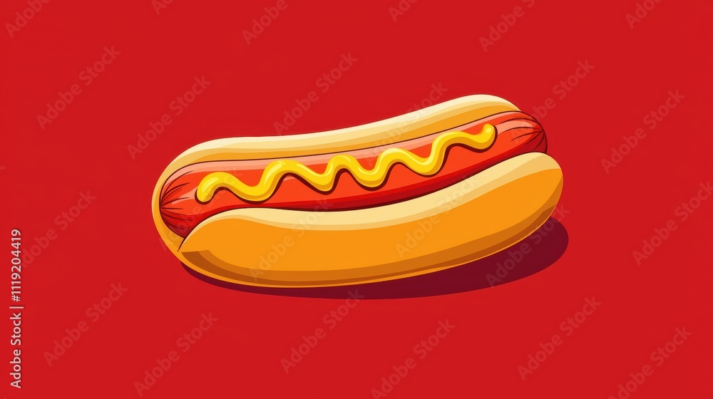 A vibrant hot dog topped with yellow mustard against a bright red background. A vibrant hot dog topped with yellow mustard against a bright red background.