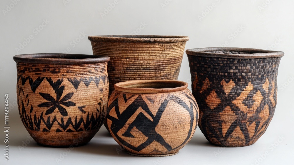 Four Woven Baskets with Geometric Patterns Four Woven Baskets with Geometric Patterns