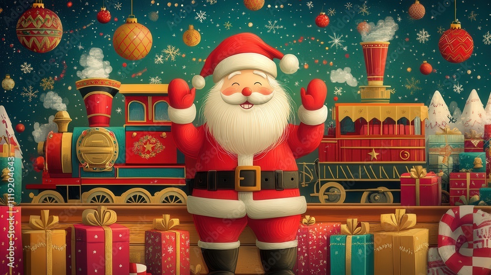 A colorful and lively Christmas banner featuring a humorous Santa Claus, a traditional nutcracker, a vintage train locomotive A colorful and lively Christmas banner featuring a humorous Santa Claus, a traditional nutcracker, a vintage train locomotive