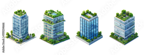 Modern Eco-Friendly Skyscrapers with Rooftop Gardens and Lush Greenery in Urban Landscape