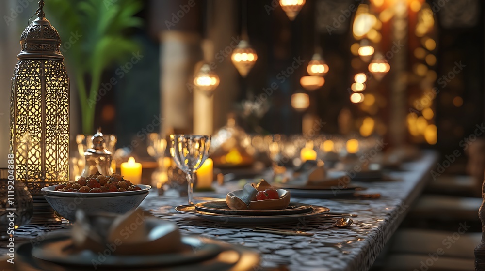 Luxurious Ramadan Iftar dinner table setting with ornate lanterns and candlelight. Luxurious Ramadan Iftar dinner table setting with ornate lanterns and candlelight.