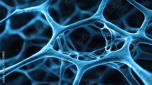 A vivid microscopic view of interconnected blue structures resembling cells or fibers, showcasing intricate patterns and a sense of depth.