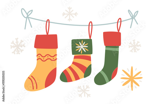 Christmas Santa socks. Christmas vector set, cute cartoon winter festival illustrations