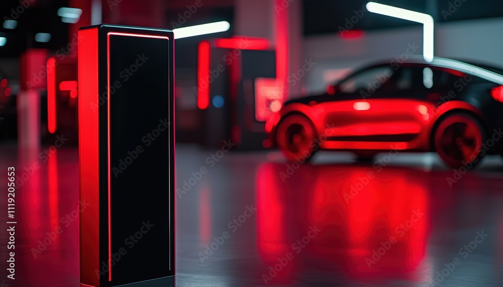 Fototapeta premium A sleek electric car parked in a modern garage illuminated with striking red lights, highlighting a futuristic atmosphere.
