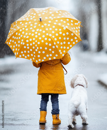 rear view girl shielding her dog from the rain with a mustard polka-dot umbrella on a rainy street.  love, care, and companionship, perfect for pet care, kindness, or lifestyle photo