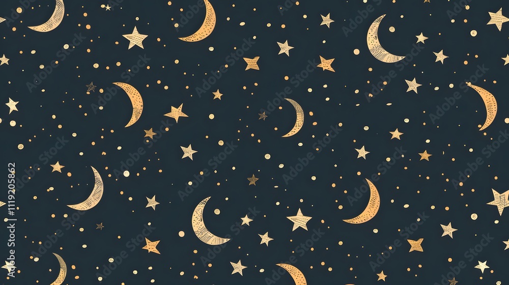 Gold crescent moons and stars on dark blue background. Gold crescent moons and stars on dark blue background.