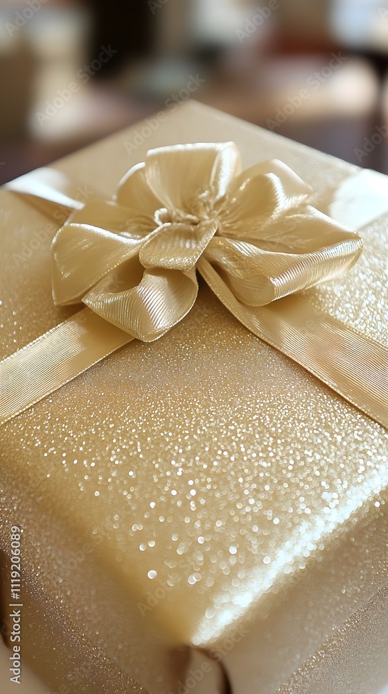 Gold gift box with satin ribbon bow. Gold gift box with satin ribbon bow.