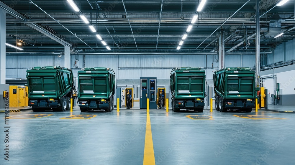 A charging station with a row of sleek electric garbage trucks plugged into power units, set in a spacious industrial environment A charging station with a row of sleek electric garbage trucks plugged into power units, set in a spacious industrial environment