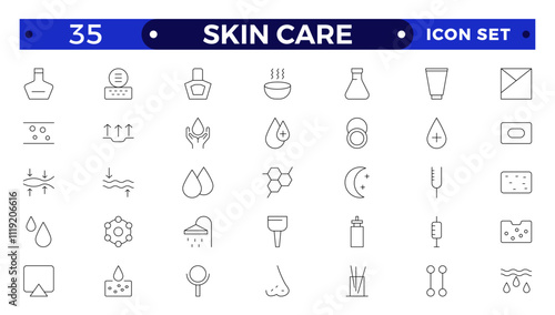 Skin care Outline icons set. Moisture cream, acid, anti wrinkle serum, ceramide, collagen, retinol compound, sunscreen, such as aloevera, oil, nature, sun protect, dry, lotion vector icons.