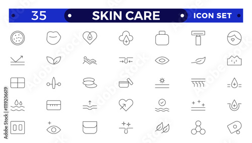 Skin care Outline icons set. Moisture cream, acid, anti wrinkle serum, ceramide, collagen, retinol compound, sunscreen, such as aloevera, oil, nature, sun protect, dry, lotion vector icons.