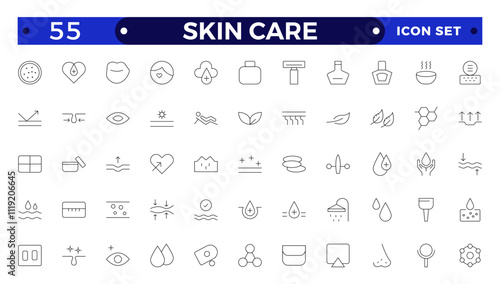 Skin care Outline icons set. Moisture cream, acid, anti wrinkle serum, ceramide, collagen, retinol compound, sunscreen, such as aloevera, oil, nature, sun protect, dry, lotion vector icons.