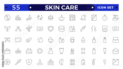 Skin care Outline icons set. Moisture cream, acid, anti wrinkle serum, ceramide, collagen, retinol compound, sunscreen, such as aloevera, oil, nature, sun protect, dry, lotion vector icons.