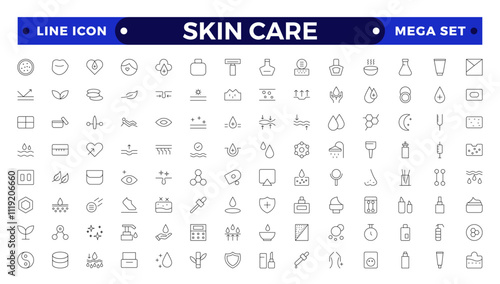 Skin care Outline icons set. Moisture cream, acid, anti wrinkle serum, ceramide, collagen, retinol compound, sunscreen, such as aloevera, oil, nature, sun protect, dry, lotion vector icons.