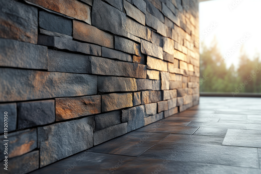 Stone wall by tiled floor with sunset view. Stone wall by tiled floor with sunset view.