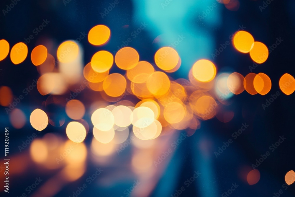 Fototapeta premium City street at night with blurred lights creating a vibrant atmosphere and colorful reflections on wet pavement