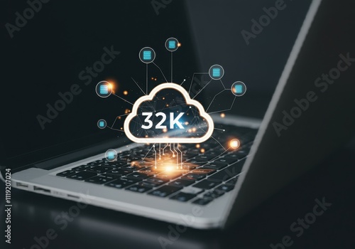 Vsual cloud Laptop networks security, showcasing a glowing cloud surrounded by interconnected nodes on laptop.big data, and digital storage.cloud photo