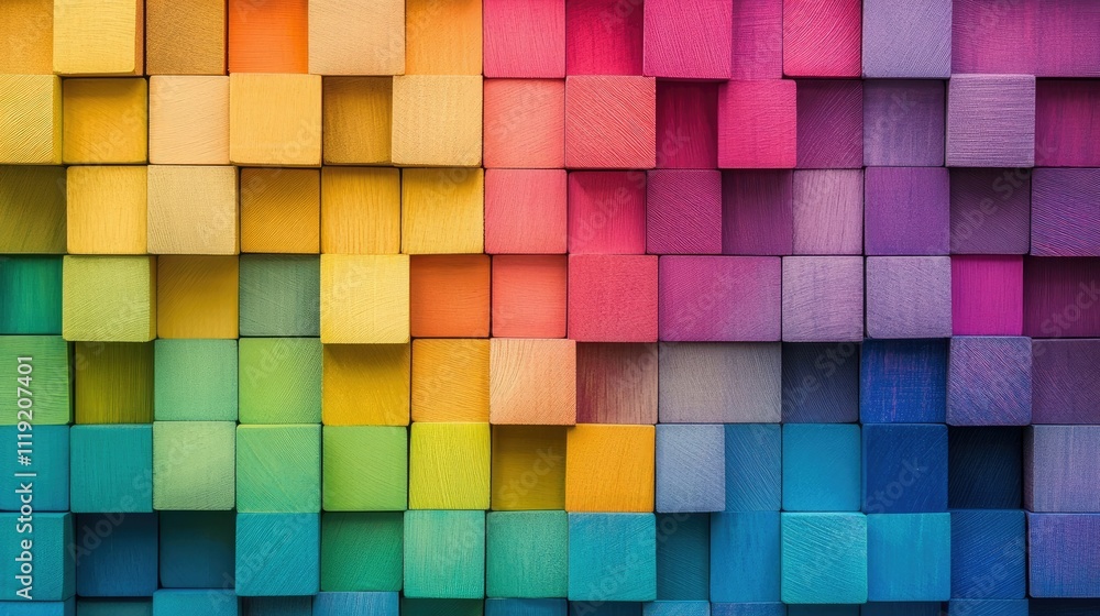 A wall of multicolored wooden square cubes with sharp geometric shapes, forming an eye-catching rainbow texture background A wall of multicolored wooden square cubes with sharp geometric shapes, forming an eye-catching rainbow texture background