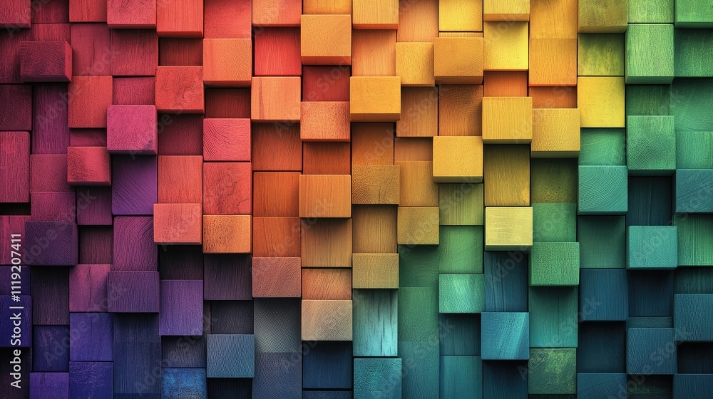 A wall of multicolored wooden square cubes with sharp geometric shapes, forming an eye-catching rainbow texture background A wall of multicolored wooden square cubes with sharp geometric shapes, forming an eye-catching rainbow texture background